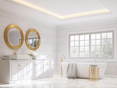 Classical style bathroom with white and gold 3d render