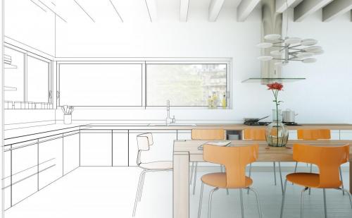 Interior Design Kitchen Drawing Gradation Into Photograph